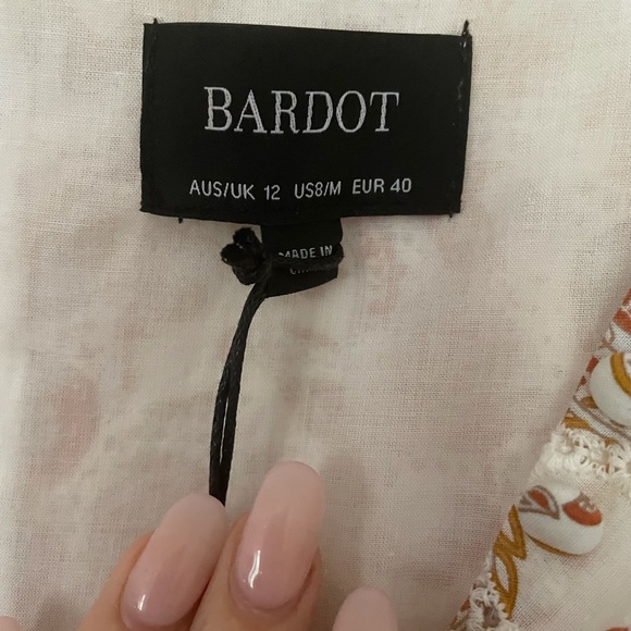 Nordstrom BARDOT Puff Long Sleeve Mini Paisley Tan Dress Button 8 Medium M - Picture 9 of 10